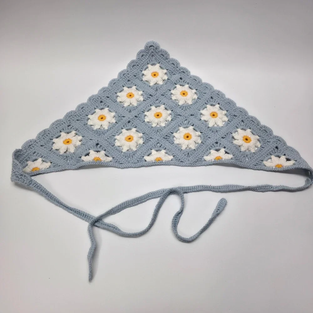 Handmade Crochet Daisy Bandana Scarf Headband‎ Blue White Yellow Headkerchief